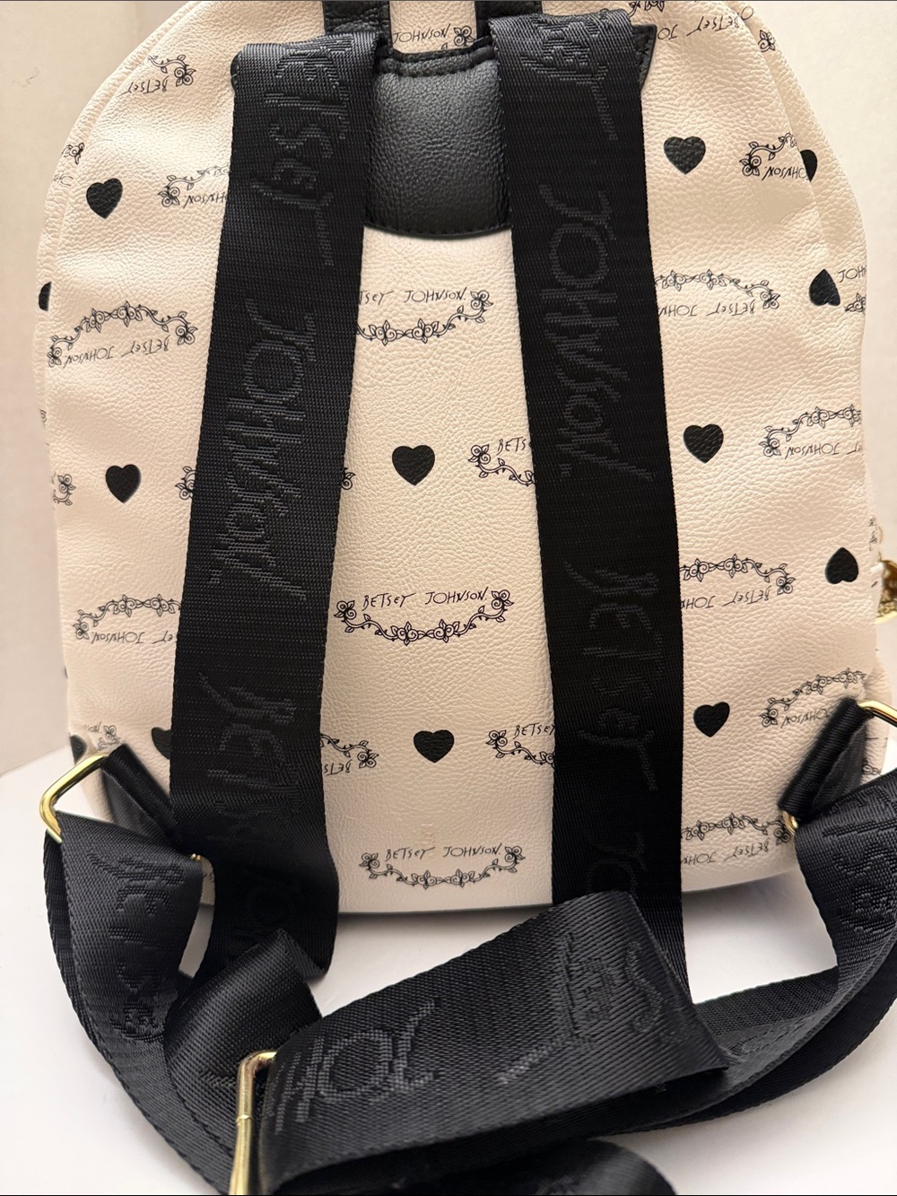 Betsey Johnson Cream and Black Heart Print Backpack - Picture 5 of 8